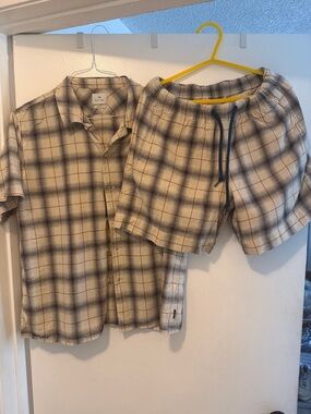 PS Paul Smith Beige and Gray Plaid Short-Sleeve Button-Down Shirt and short set